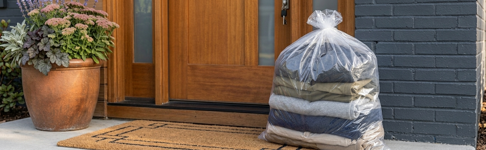 Folded laundry on a doorstep