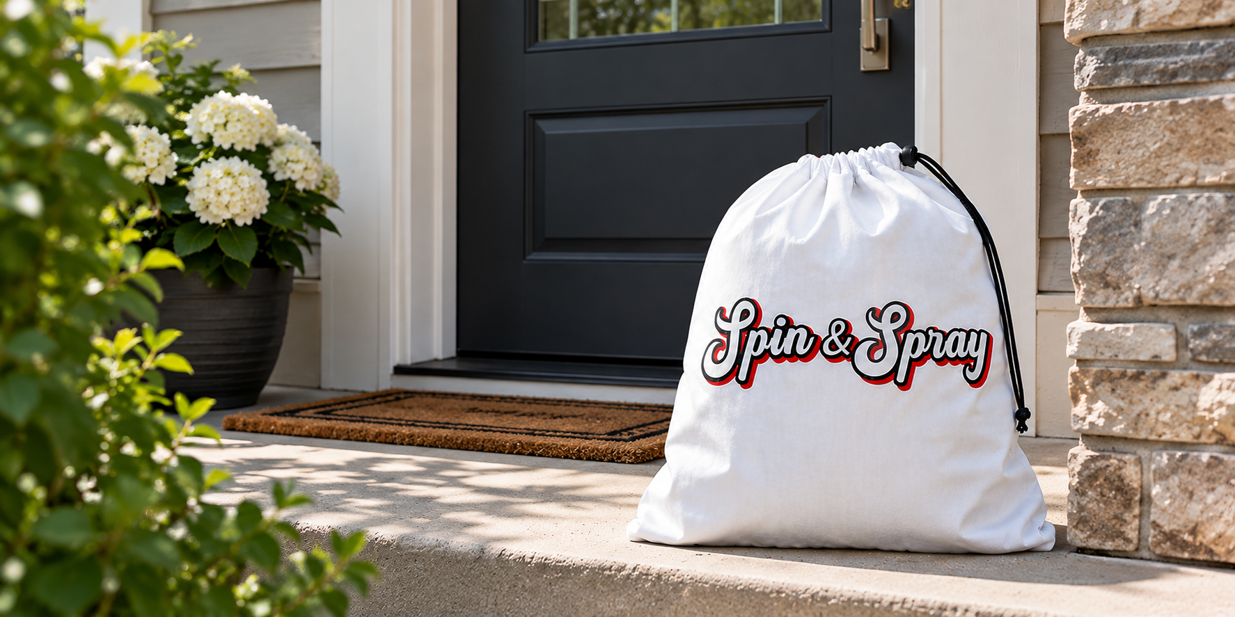 spin and spray laundry bag on a doorstep