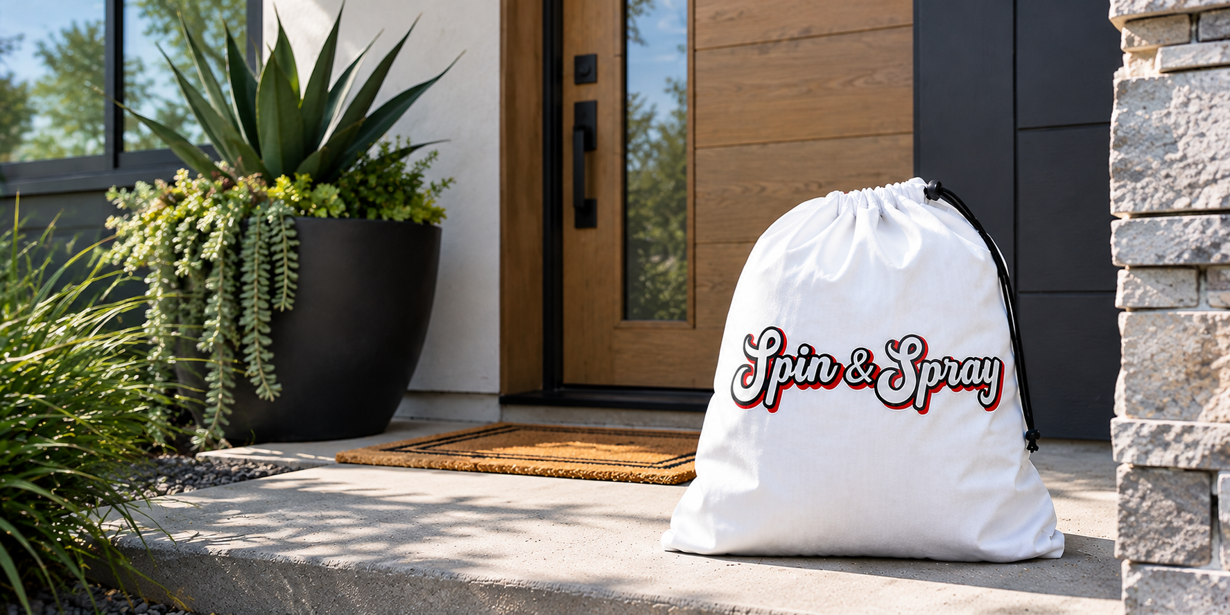 spin and spray laundry bag on a doorstep