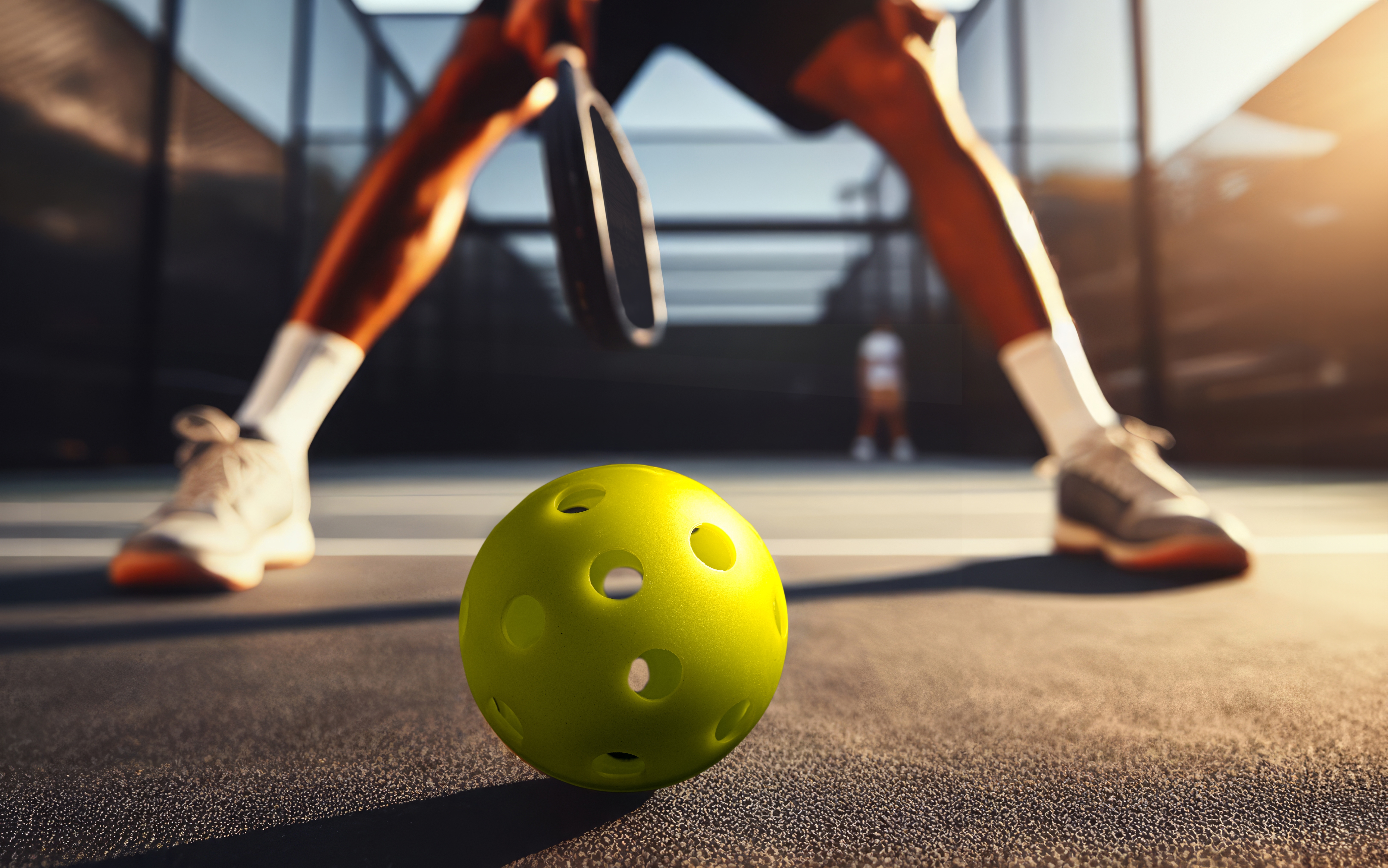 closeup of a pickleball and player